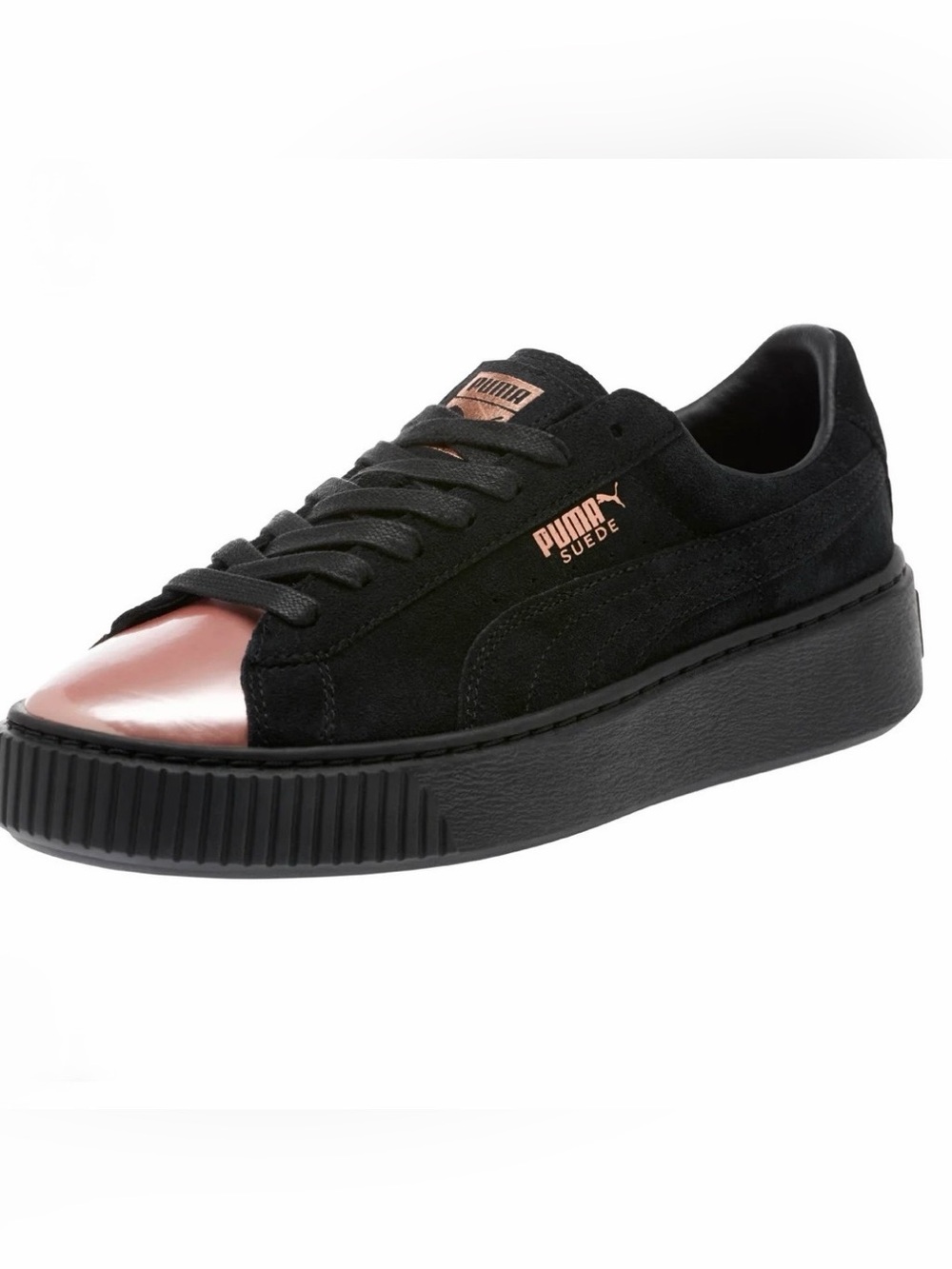Puma ‘Black Rose Gold’ Suede Basket Platform Sneakers, Women’s Size 8.5